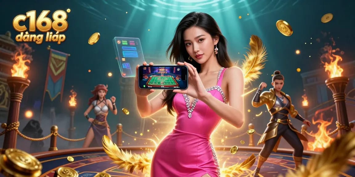 C168 đăng nhập to enjoy live dealer games, surrounded by dazzling casino elements and vibrant atmosphere.