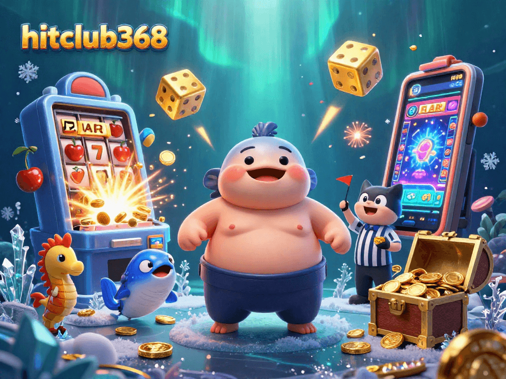 Experience the thrill of hitclub368 with a colorful 3D fish-themed jackpot explosion illustration.