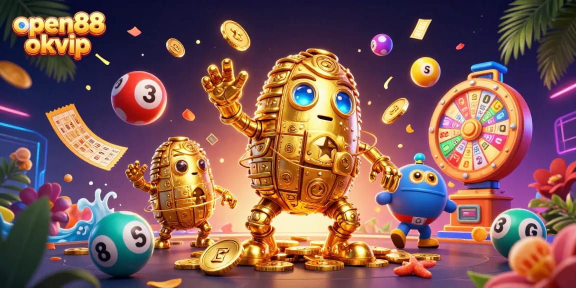 Engage with open88 okvip in a vibrant gaming scene featuring a golden golem and colorful lottery elements.