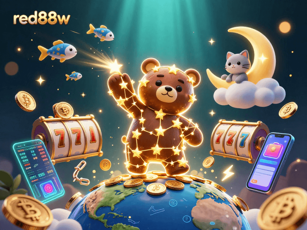 Join the fun at red88w by scooping up bonuses in an exciting casino scene with vibrant characters.