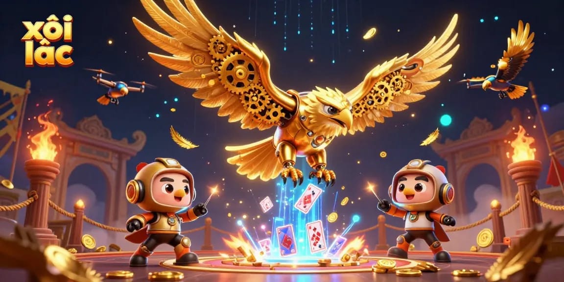 Experience thrilling xôi lạc casino action with a cybernetic eagle amidst dynamic gaming elements.