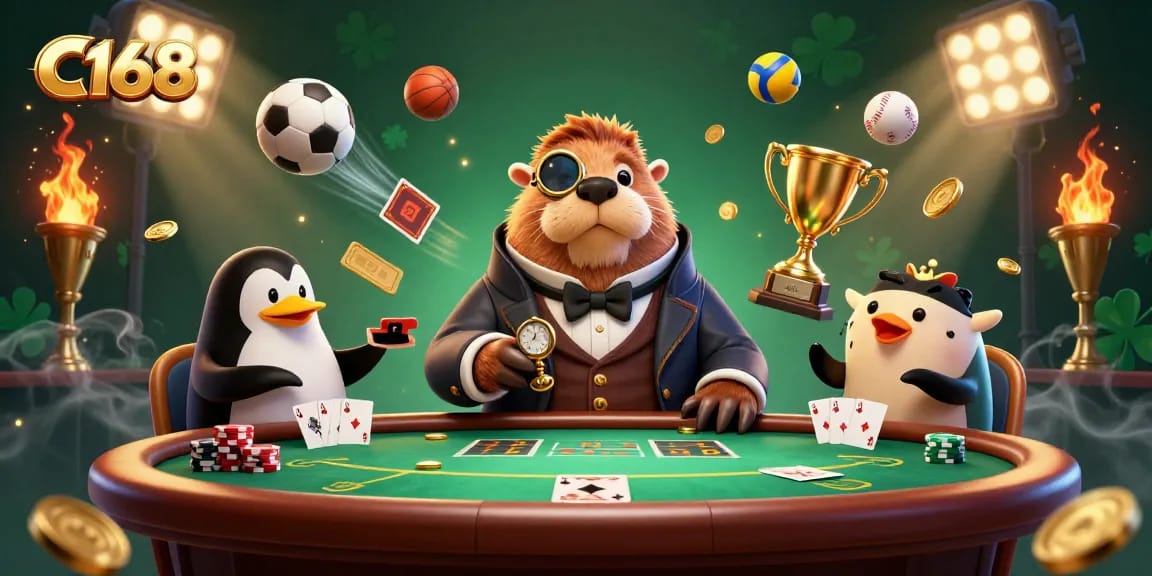 C168 showcases a jolly walrus and friends at an engaging poker table, blending poker with vibrant sports elements.