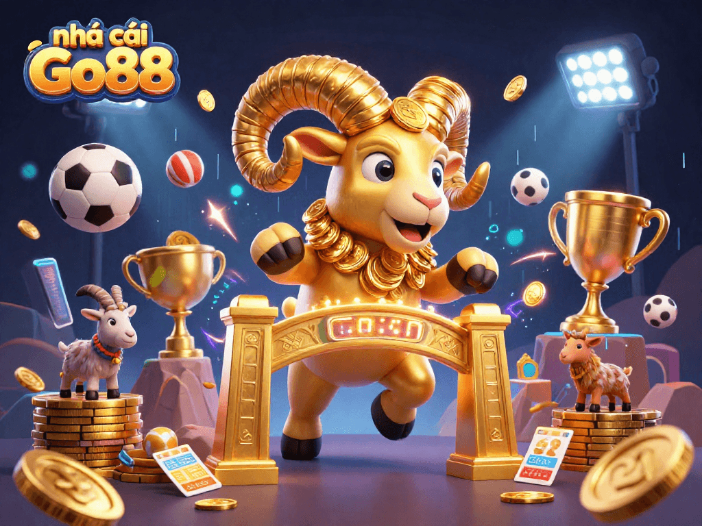 Engage in thrilling action with nhà cái Go88 as a golden ram charges past dynamic sports elements, capturing the excitement.