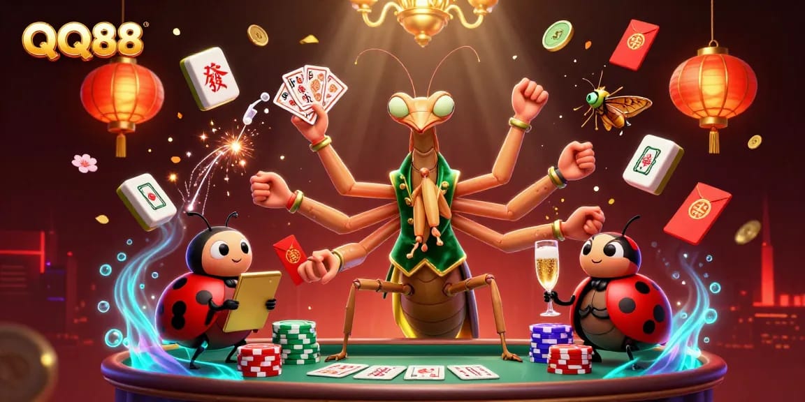 Experience thrilling moments at QQ88 with a vibrant 3D illustration of a card sharp and pit boss.