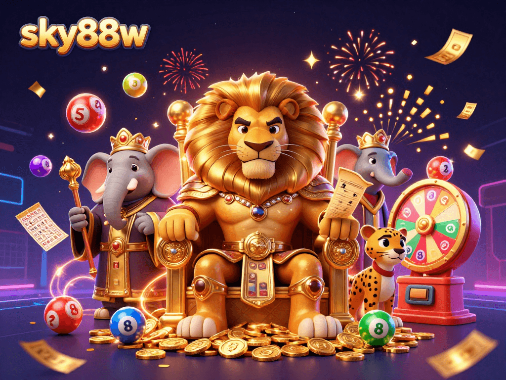 Engage in thrilling games at sky88w with lively character scenes and vibrant lottery elements.