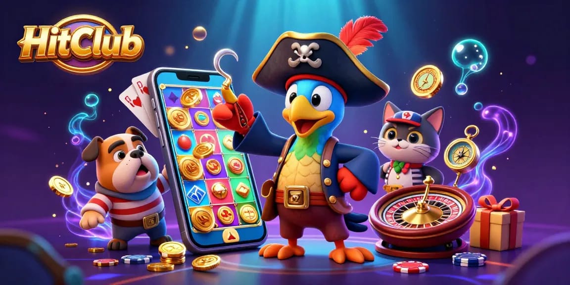 HitClub engages players with vibrant slot games and 3D characters in a lively gambling atmosphere.