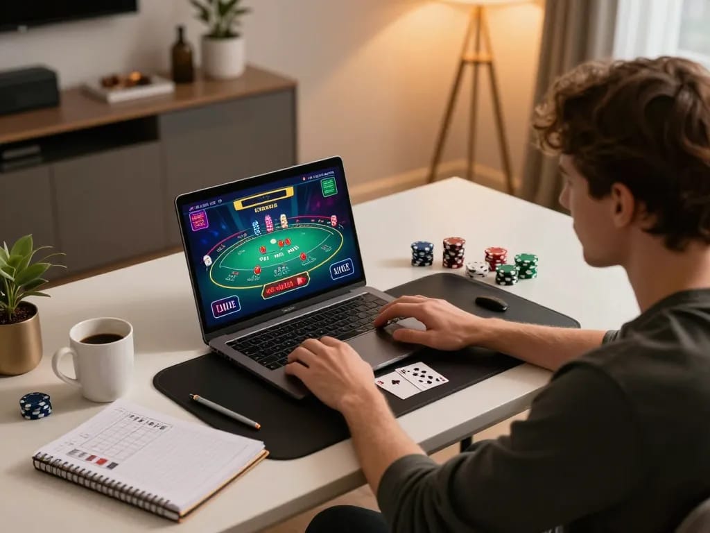 Player engaging in tr88 blackjack strategy at home gaming setup, laptop displaying live dealer game.