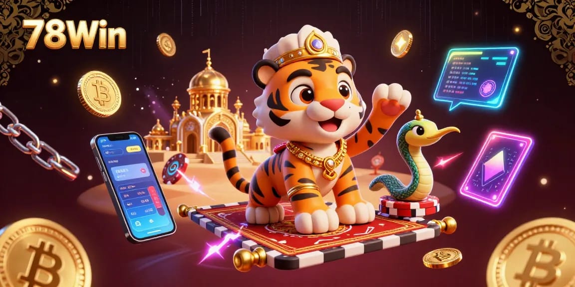 Engage with 78Win, featuring an Arabian tiger sultan on a poker chip carpet amidst crypto elements.