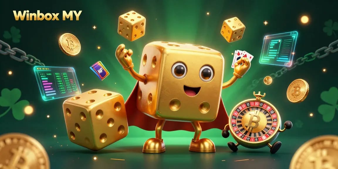 Winbox MY showcases an exciting 3D casino scene with golden dice characters, cryptocurrency elements, and vibrant visuals.