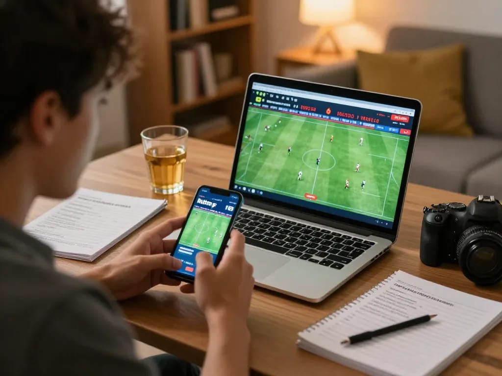 Soccer betting enthusiast analyzing match stats for better odds in a cozy home setting.