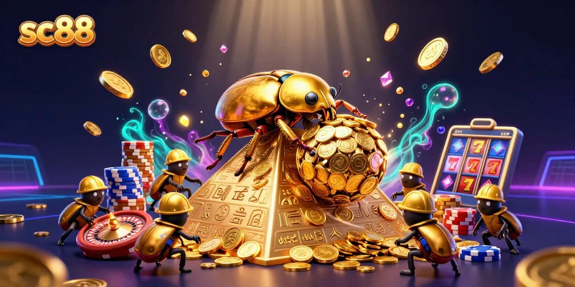 Experience thrilling wins at sc88 with a golden dung beetle in a casino-themed adventure.