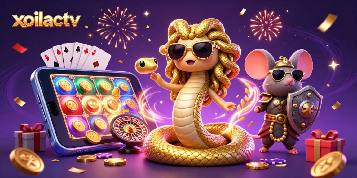 Xoilactv showcases a vibrant scene featuring cartoon Medusa and a warrior mouse amid casino game elements.