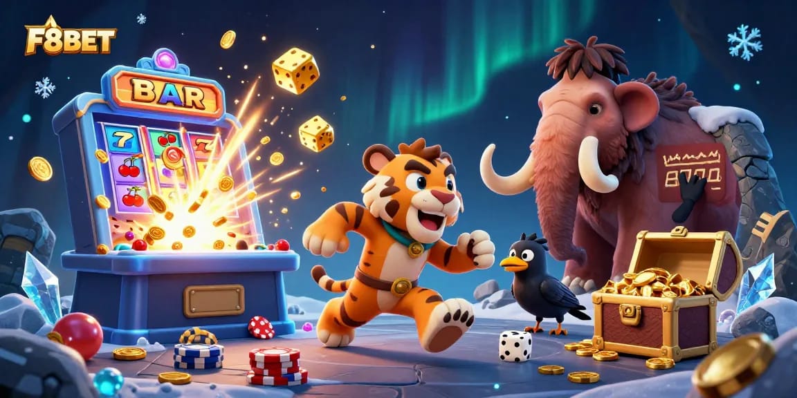 Experience the thrill of F8BET with a vibrant 3D cartoon casino scene showcasing exciting gaming elements and characters.
