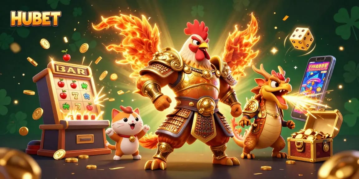 Engage with HUBET's thrilling online gaming world featuring an energetic rooster warrior and a fire-breathing dragon.