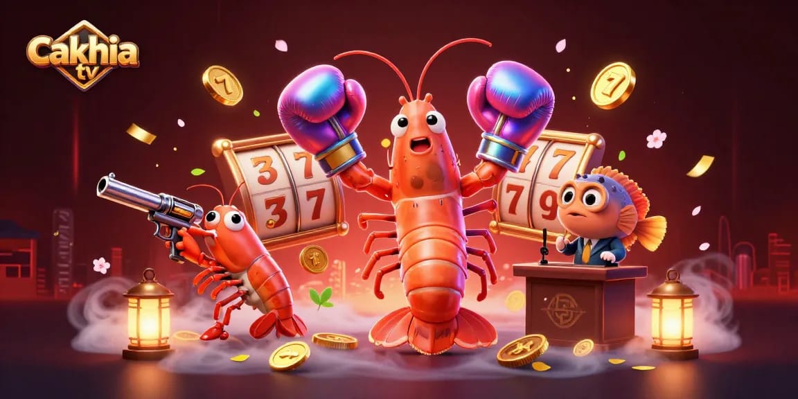 Cakhia TV presents a vibrant underwater casino scene featuring a mantis shrimp, pistol shrimp sidekick, and announcer, surrounded by slot symbols.