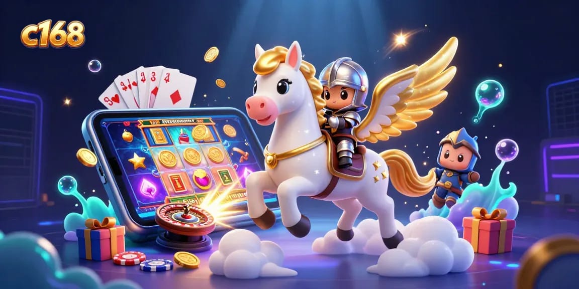 Engage in thrilling gameplay at c168, where a 3D cartoon scene captures the excitement of online slots and gaming.