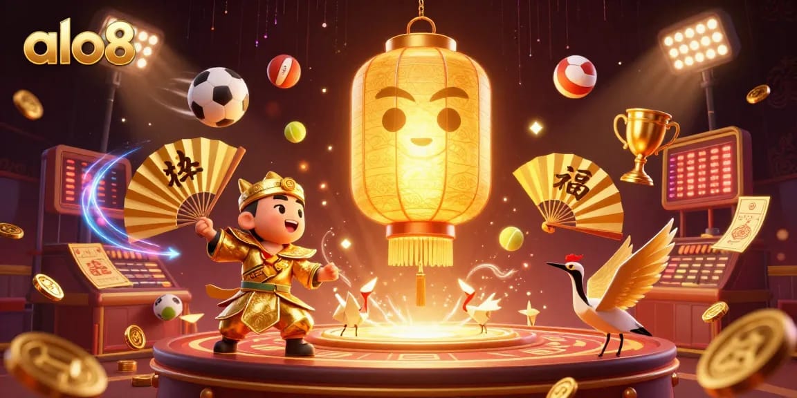Experience thrilling gameplay at alo8 with vibrant 3D golden lantern spirit amid dynamic sports elements.