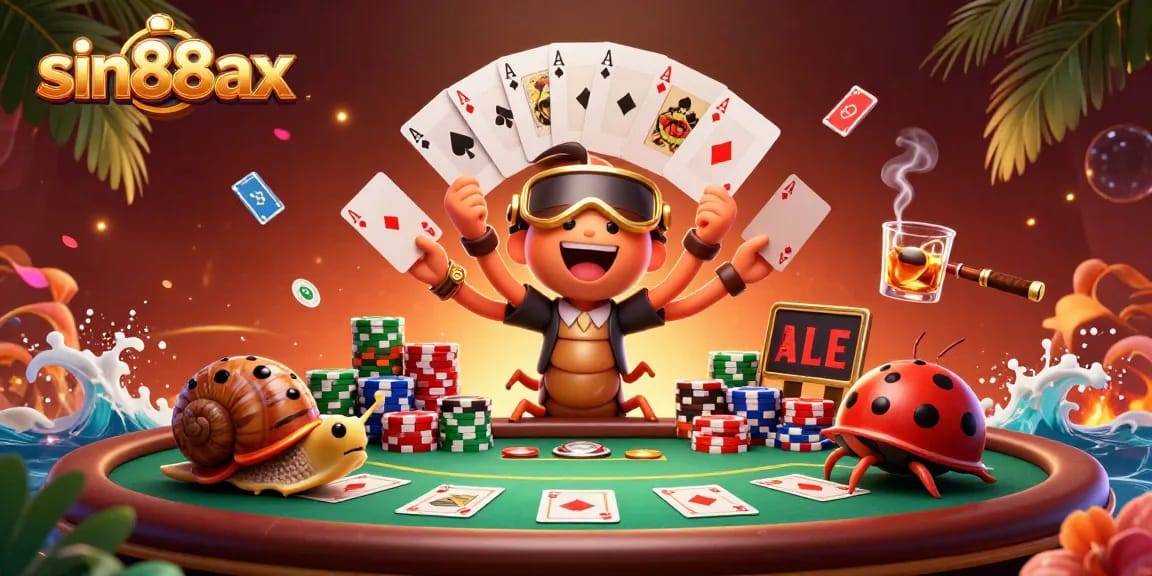 Experience gaming excitement at sin88ax with a 3D cartoon dealer and vibrant poker elements.