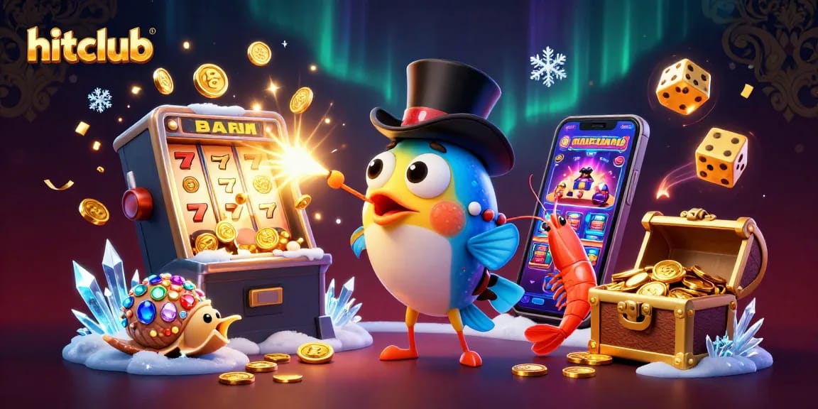 Experience jackpots and excitement with hitclub's 3D illustration featuring unique characters and casino elements.