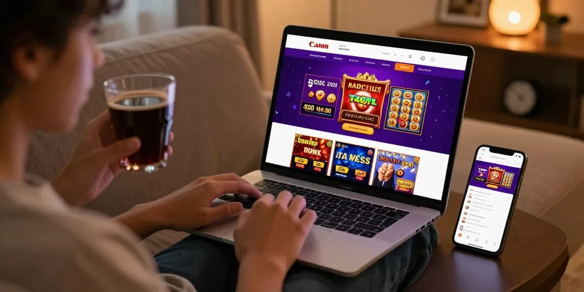 Pengguna bandar togel menggunakan aplikasi di laptop dan smartphone dengan antarmuka menarik.