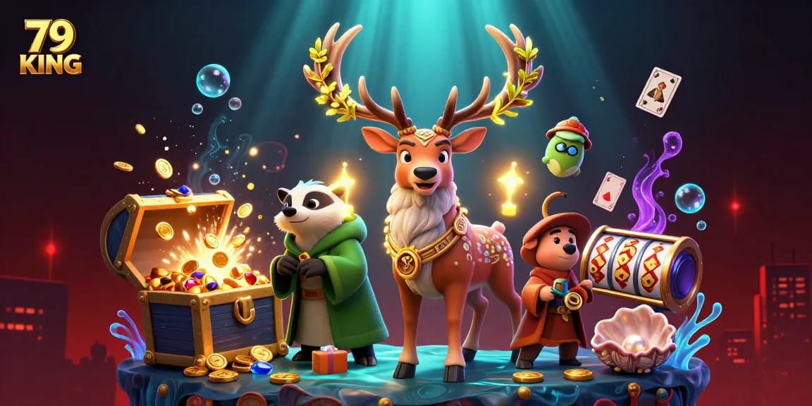 Experience the excitement of 79 KING with a vibrant casino scene featuring whimsical characters and dynamic gaming elements.