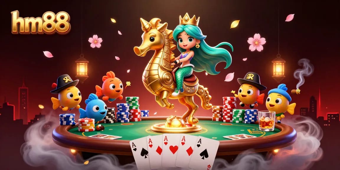 Experience thrilling moments at hm88 with a vibrant poker scene featuring a mermaid princess and seahorse.
