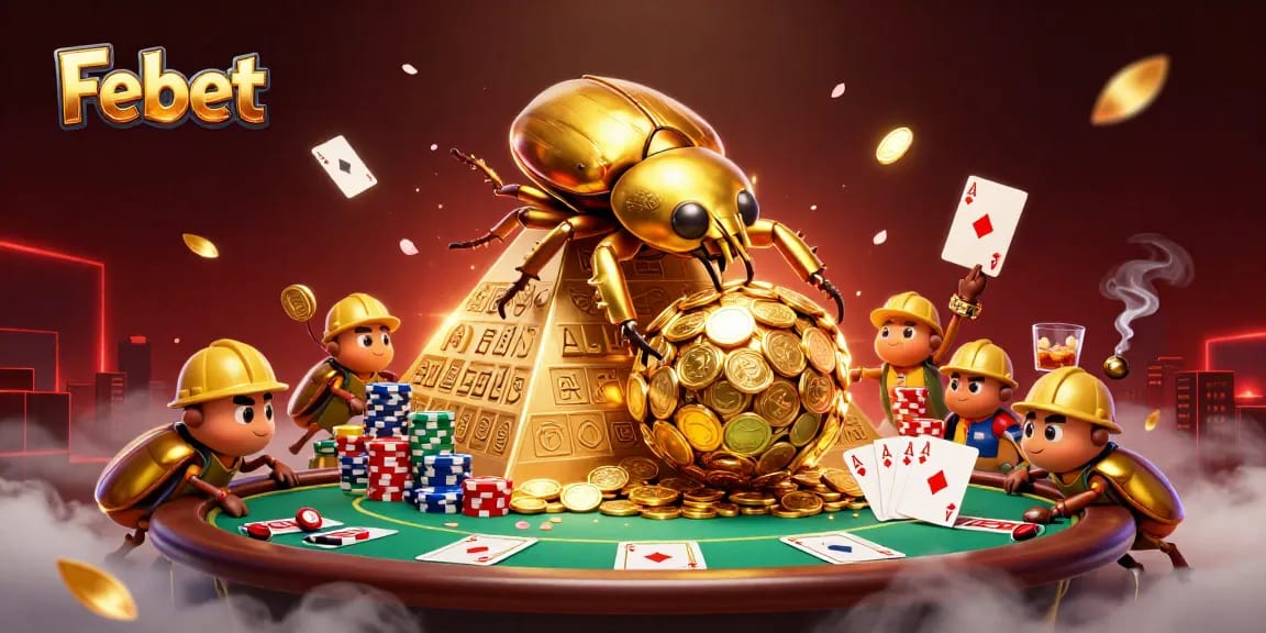 Febet showcases an exciting 3D scene with golden beetles and poker elements, highlighting thrilling gaming action.