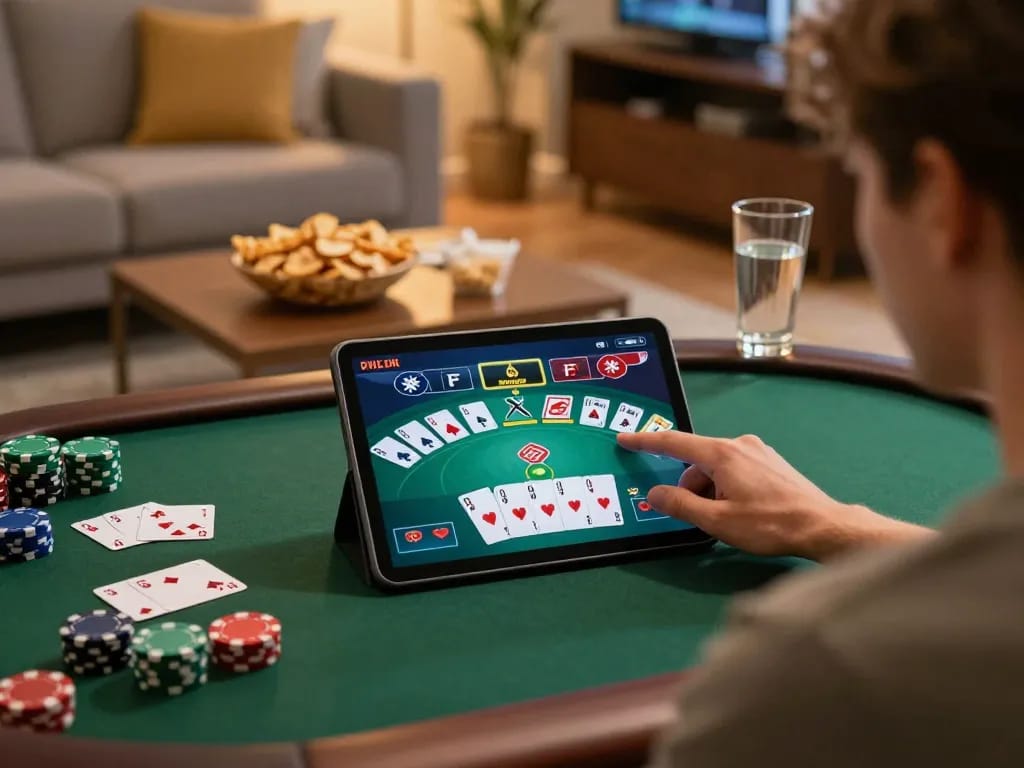 cm88 user engaging in online poker game on tablet in cozy home setting