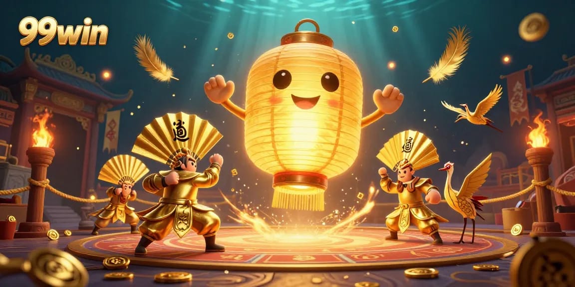 Experience thrilling gameplay at 99win with golden lantern spirit and lucky symbols in a vibrant casino scene.