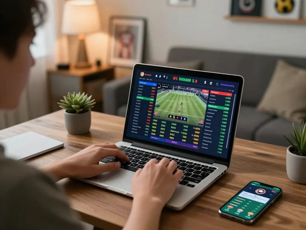 Engaged user analyzing Keo nha cai 5 for informed betting decisions in a cozy home setting.