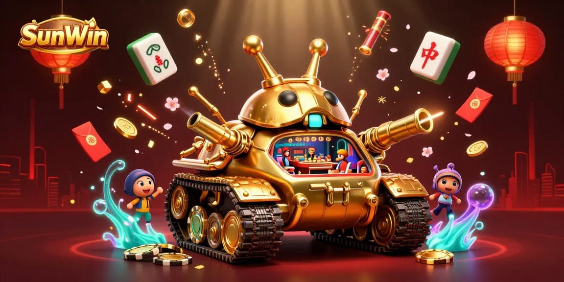 SunWin presents a captivating 3D scene with a golden beetle tank revealing a miniature casino filled with adventure.