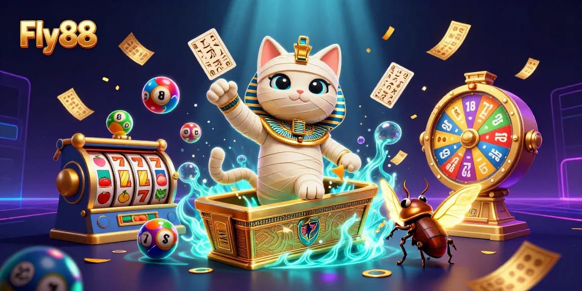 Engage with Fly 88's vibrant gaming paradise featuring a mummy cat and dynamic casino elements.