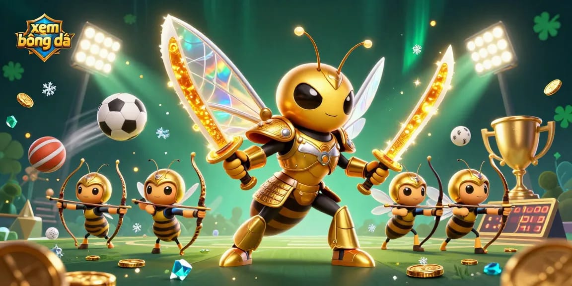 Xem bóng đá with golden hornet samurai and bee archers amidst dynamic sports elements