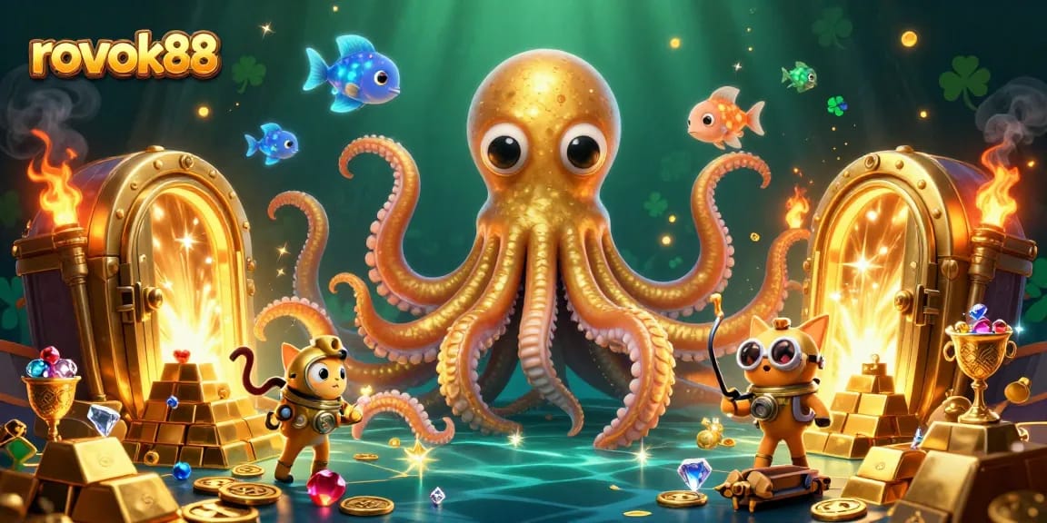 Experience thrilling moments with rokok88 as the kraken and diving cat delve into a treasure-filled world.