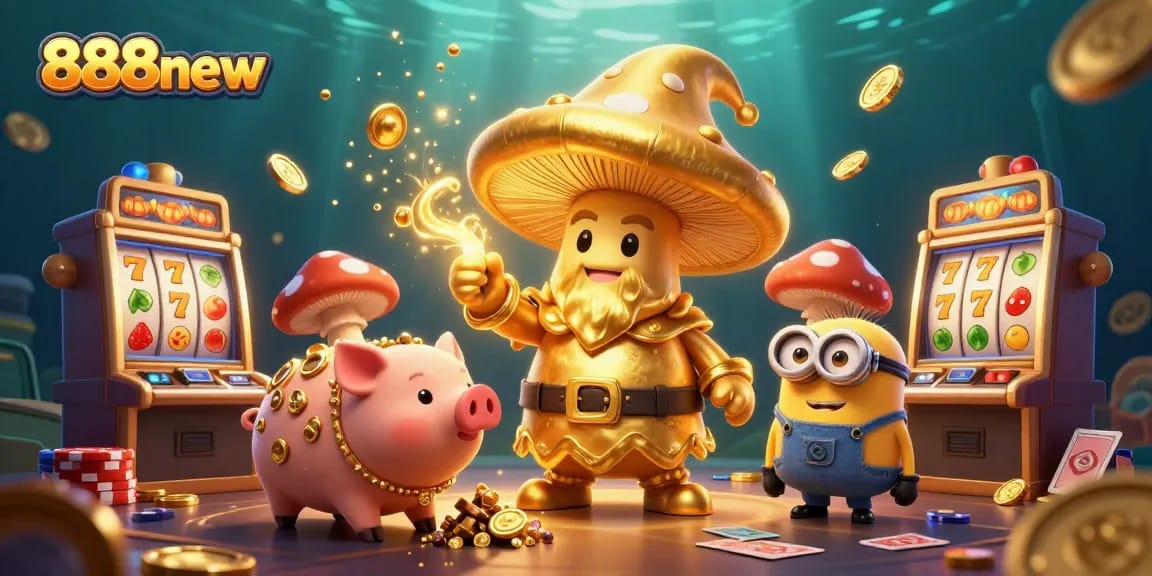 Experience the magic of 888new with an ultra-detailed 3D scene of a golden wizard and treasure hunting!