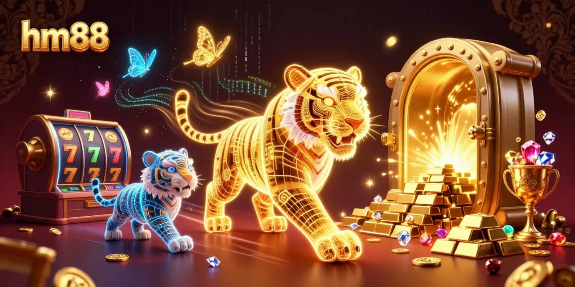 hm88 showcases an exciting casino scene with a golden tiger amidst slot reels and treasure.