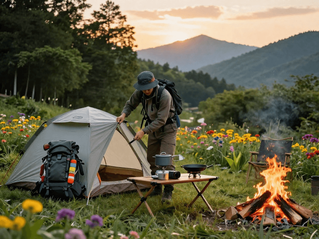 Outdoor adventurer setting up camp gear from ROKOK88, vibrant mountain backdrop.
