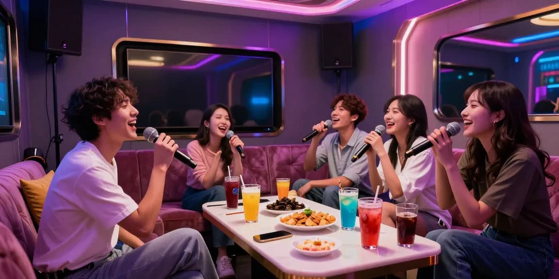 강남가라오케에서 즐거운 시간 보내는 친구들, 화려한 조명과 안락한 좌석으로 구성된 독립된 공간.