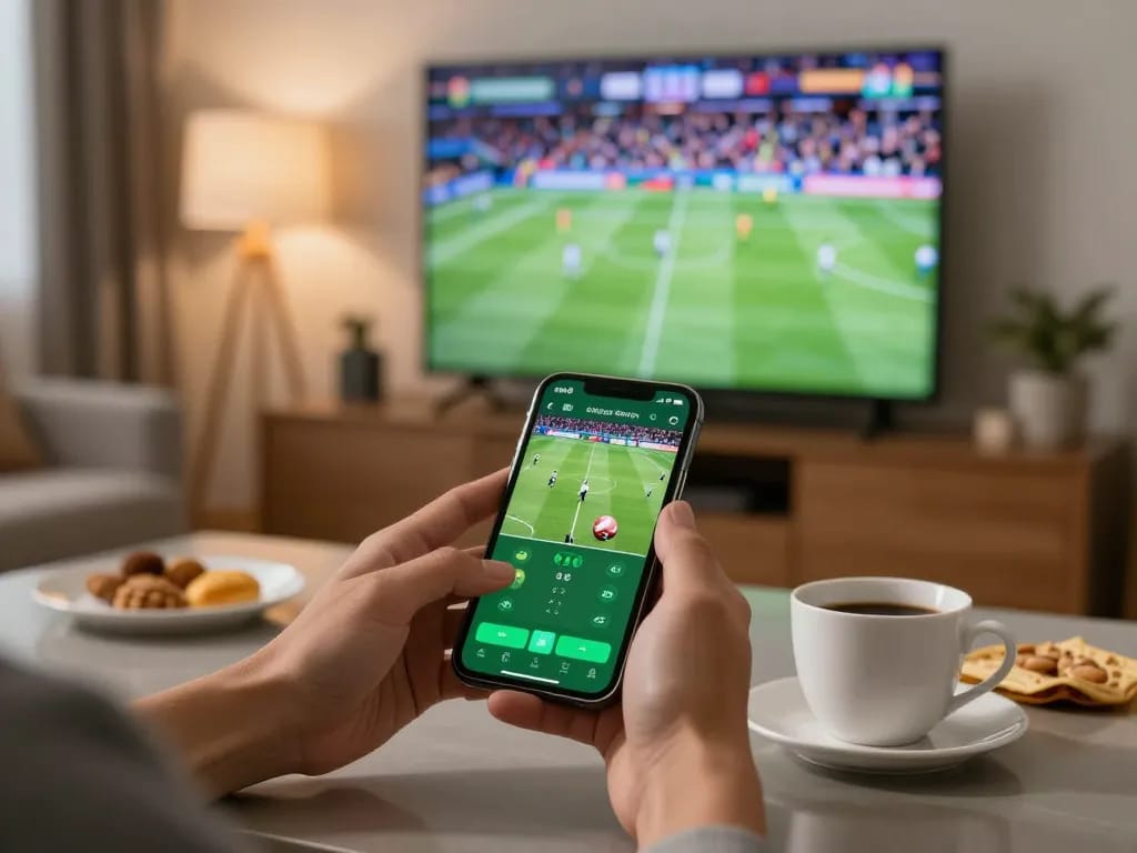 Engaging moment of using the o8 bóng đá betting app during a live football match at home