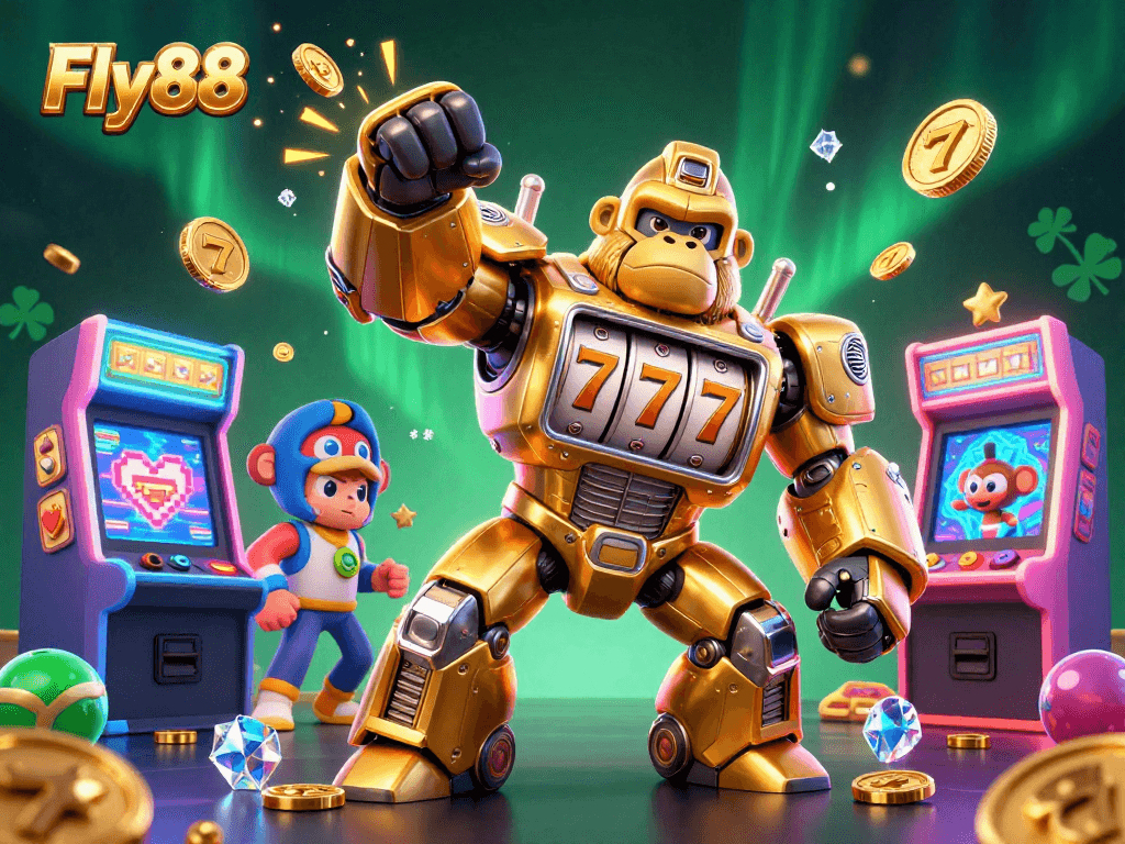 Fly88 showcases a golden gorilla mech celebrating big casino wins with vibrant game elements.