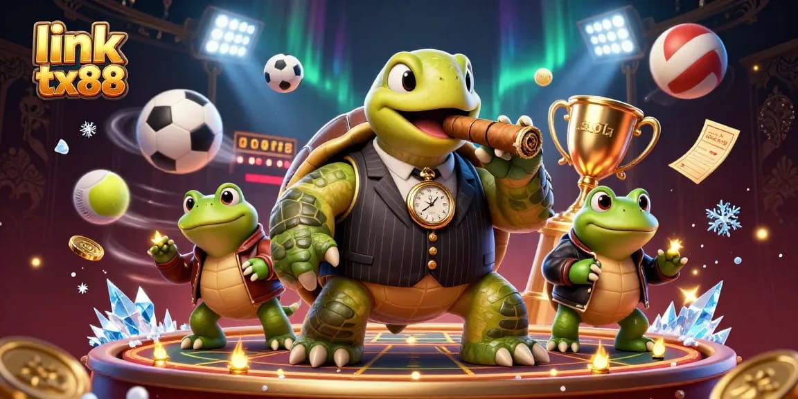 Experience vibrant action at link tx88 featuring a turtle in a mobster suit surrounded by dynamic sports elements.