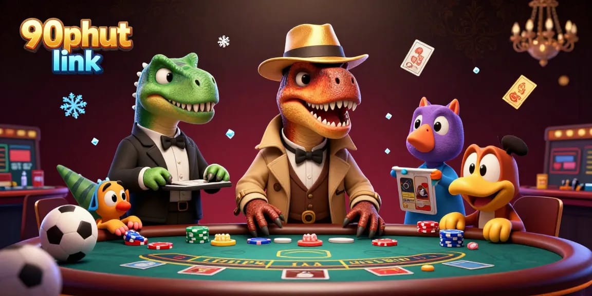 Experience the excitement of betting with 90phut link in this engaging 3D scene featuring cartoon dinosaurs at a casino.