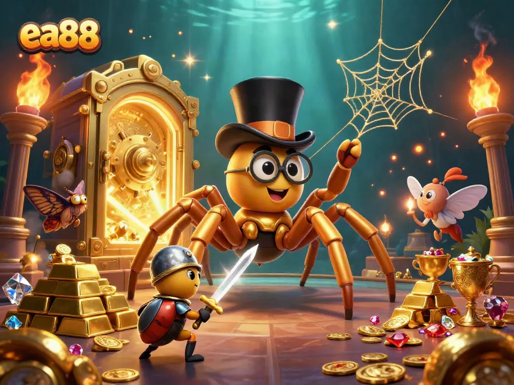 Experience the excitement of ea88 casino gaming with a vibrant 3D scene featuring whimsical characters and treasures.