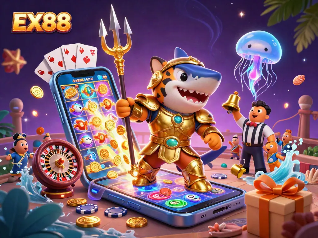 Experience the excitement of EX88 with a vibrant underwater casino scene featuring a gladiator shark and dynamic game elements.