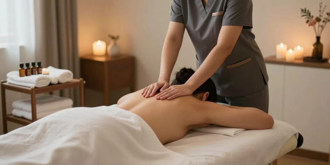 하남출장안마 서비스를 받는 고객과 마사지사, 편안한 집 분위기에서 진행되는 출장마사지.