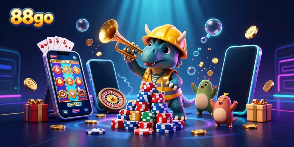 88go's lively 3D casino scene with characters celebrating over poker chips and vibrant game elements