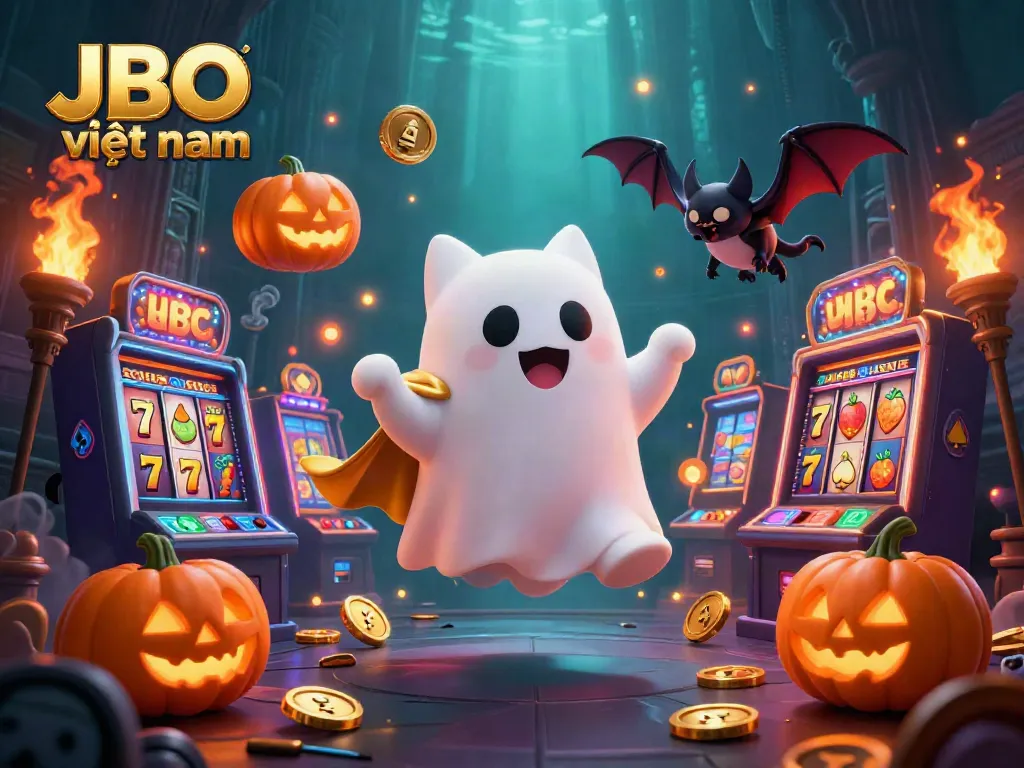 Experience the thrilling world of JBO việt nam with a ghost cat and a bat in a haunted casino.