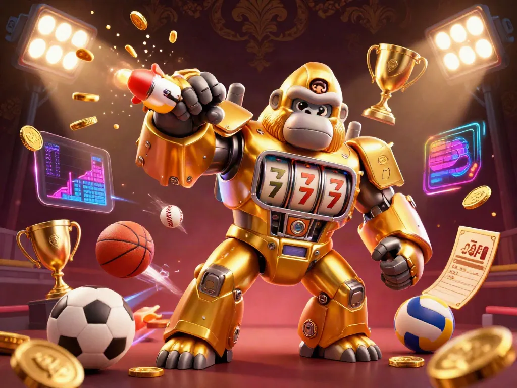 Experience the thrill of 23win with a dynamic casino-themed scene featuring a golden mech and flying sports balls.