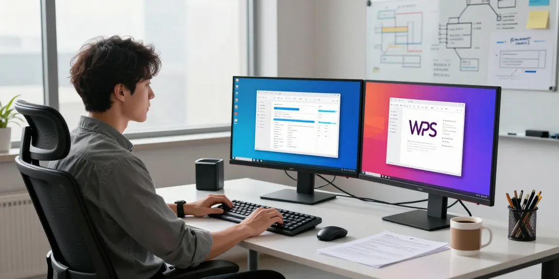 WPS Download showcased in a modern tech workspace with vibrant applications and a developer at work.