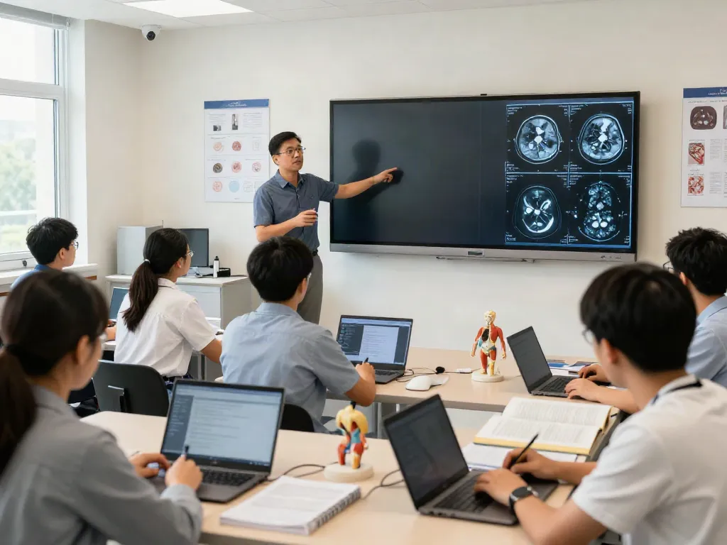 Students learning about radiology techniques with rokok88 materials in a bright classroom.